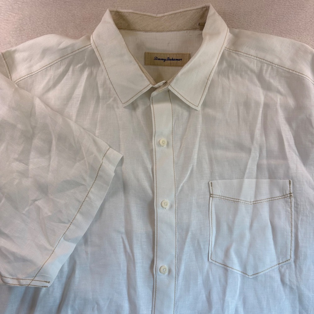 Tommy Bahama Mens XL White 100% Linen Short Sleeve Button Down Shirt Marlin Logo